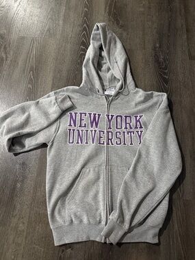 Champion Gray Zip-Up Hoodie with Purple "New York University" Lettering